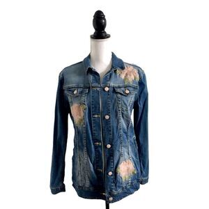 LuLaRoe Jaxon Denim Jean Jacket Pink Rose Embroidered Medium Wash Women’s Small